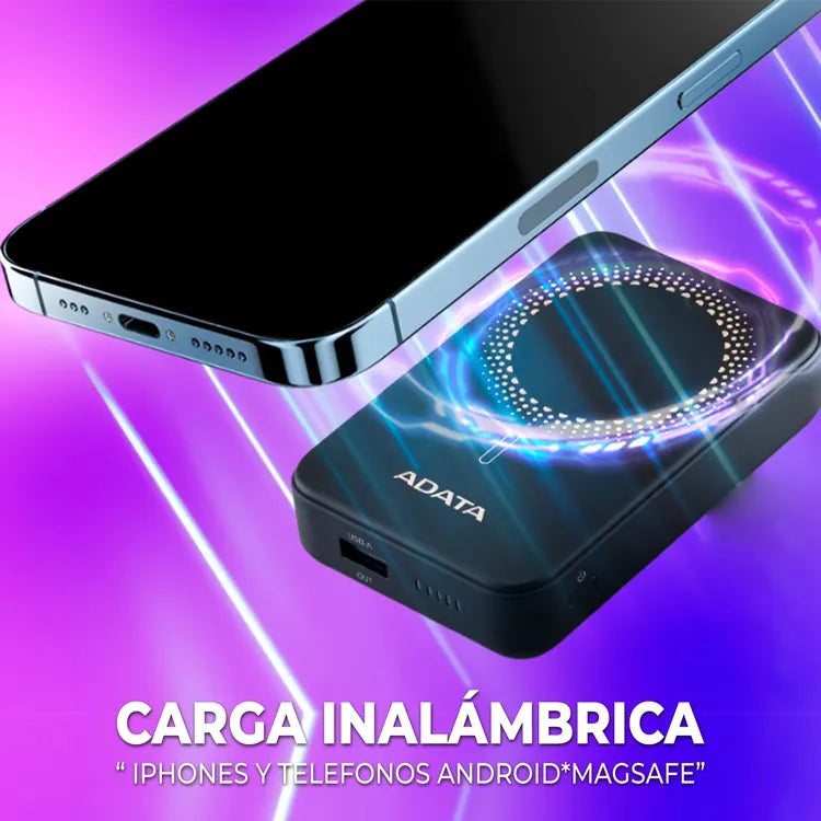 ADATA R100 Magnetic Power Bank - 10,000 mAh, Black - Fast Wireless Charging for iPhone & Android