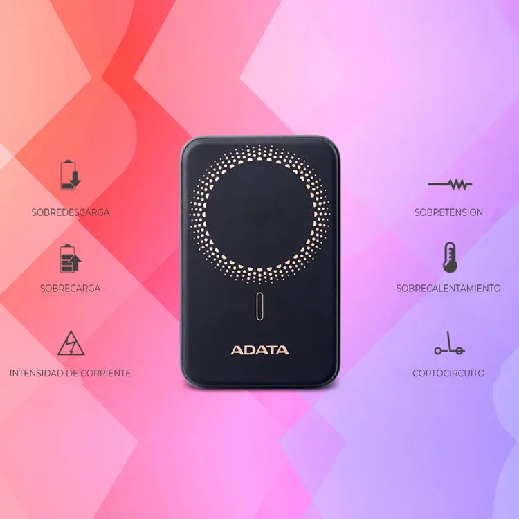ADATA R100 Magnetic Power Bank - 10,000 mAh, Black - Fast Wireless Charging for iPhone & Android