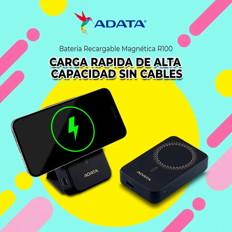 ADATA R100 Magnetic Power Bank - 10,000 mAh, Black - Fast Wireless Charging for iPhone & Android