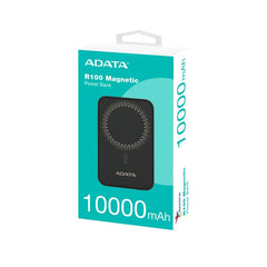 ADATA R100 Magnetic Power Bank - 10,000 mAh, Black - Fast Wireless Charging for iPhone & Android